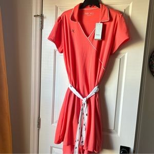 Coral Wrap-Style Short Sleeve Dress with Contrast Belt